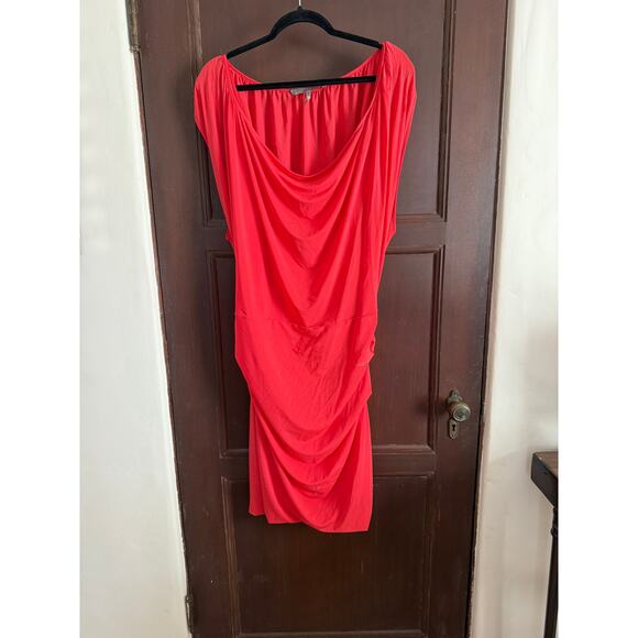 HALSTON HERITAGE | Poppy Red Cap Sleeve Overlay Dress With Draped Waist | XL - Picture 5 of 7